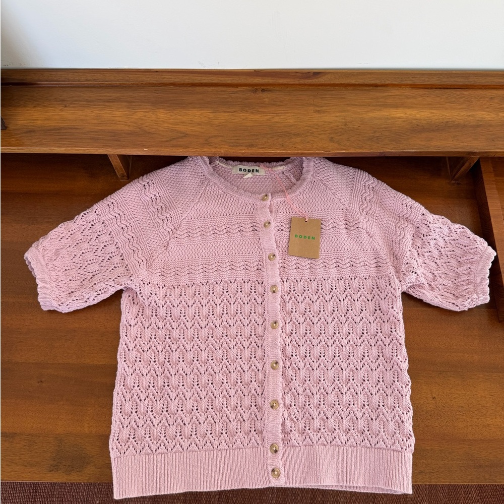 Boden Elodie Openwork Short Sleeve Cotton Cardigan Pink Knit Cardigan